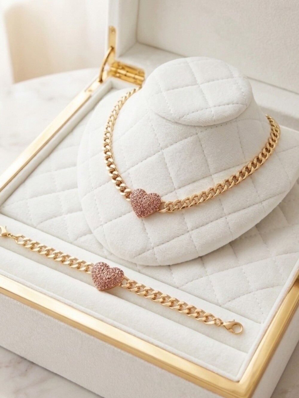 ✨ Romantic Pink Pavé Heart Gold Plated Statement Jewelry Set NWT